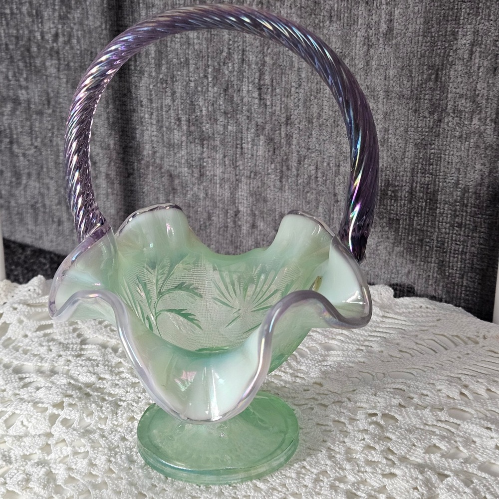 Fenton 95th Anniversary Iridescent Willow Green and Purple Glass Basket 7"